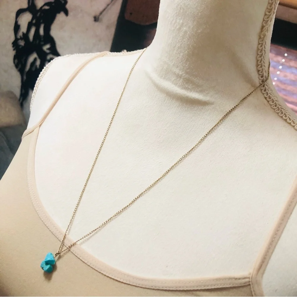 Elegant long length faux turquoise pendant gold chain necklace